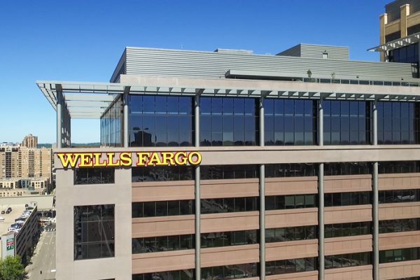 Wells Fargo corporate building in Minneapolis, corporate communication drone photography