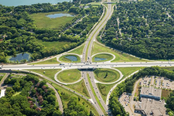 cloverleaf highway taken from a birds eye view, engineering drone photography